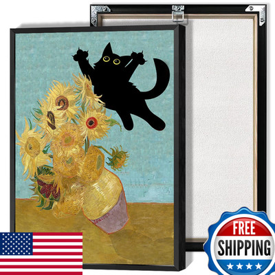 Tyohu Funny Black Cat Art Poster Vintage Van Gogh Sunflower Cat Print Canvas