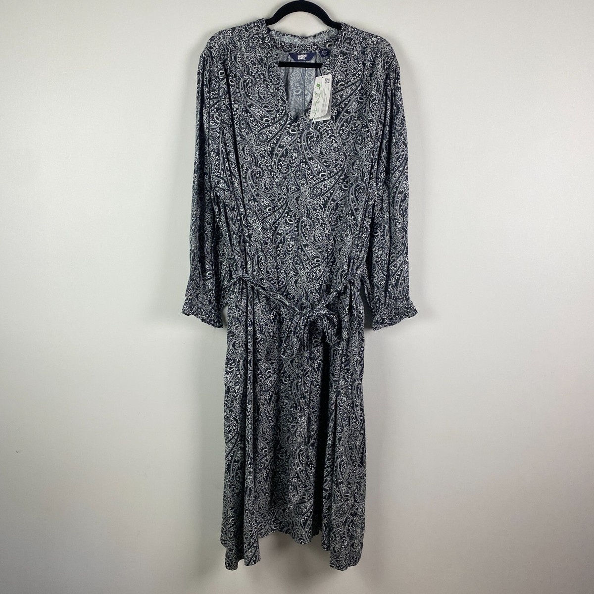 Lands End Split Neck Midi Dress Size 3X Black Slate Gray Paisley Long Sleeve  | eBay