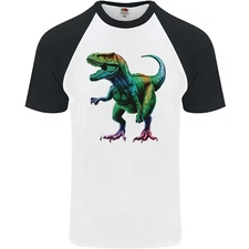 Colourful T-Rex Dinosaur Mens S/S Baseball T-Shirt