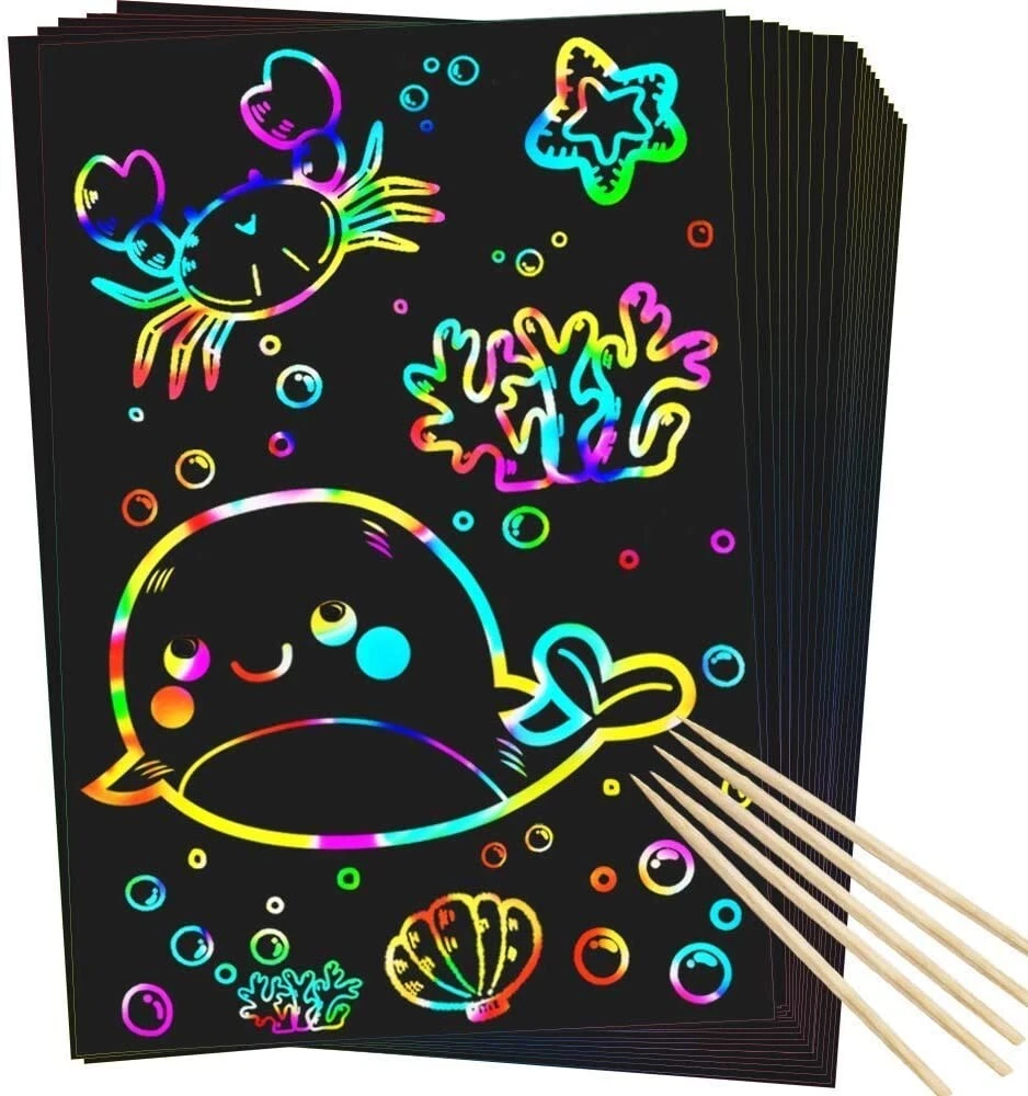 NEW 50 Sheets Black Rainbow Scratch paper with 5 wooden stylus Arts and crafts