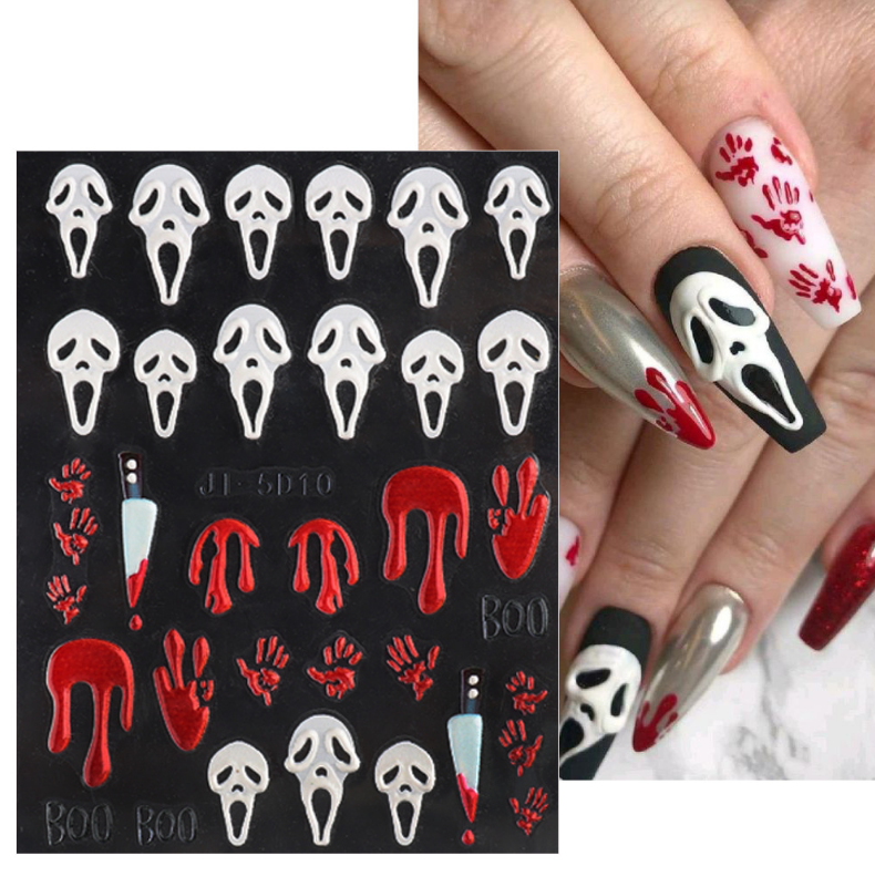 Halloween Nail Art Stickers - 5D Embossed Eye Blood Skull Skeleton Pumpkin NS40