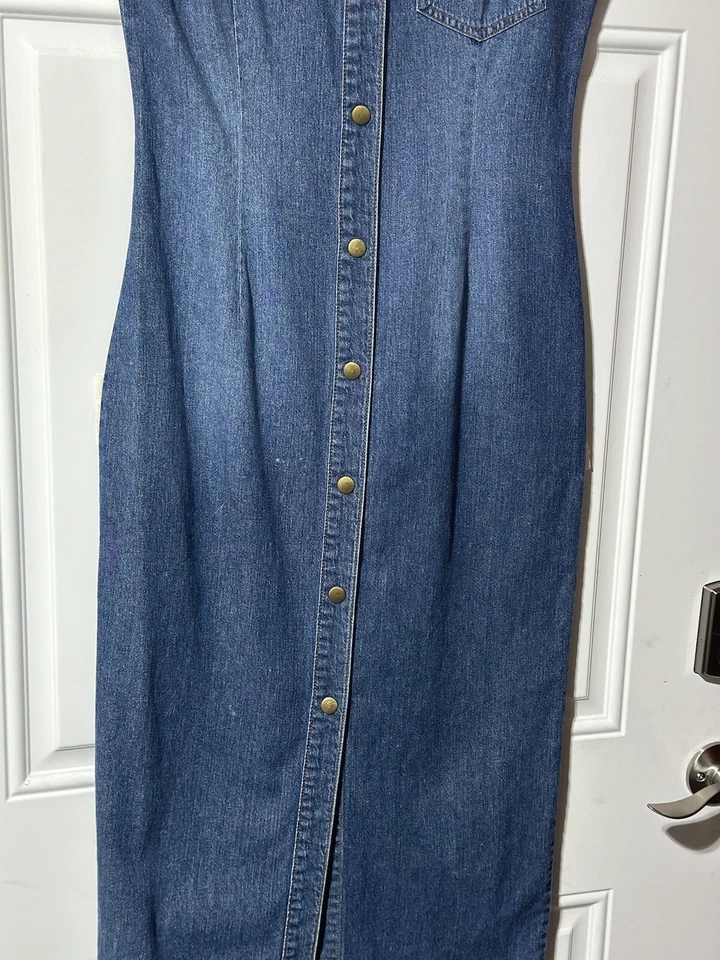 Maxi Vestido Vintage Años 90 Y2K Moda Internacional Denim Perla A Presión Talla XS Foto 3 de 4