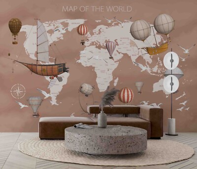 3D Brown World Map Hot Air Balloon Wall Murals Wallpaper Murals Wall Sticker