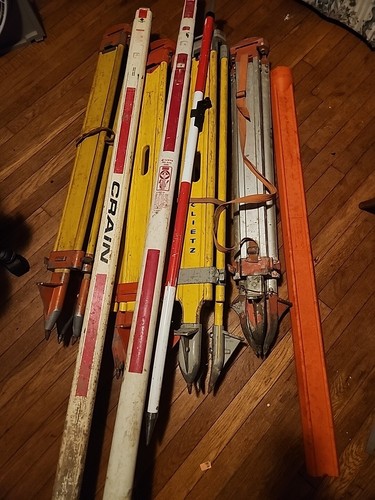 Lot of 8 Surverying Tripods & Measuring Rods Lietz Crain Wooden Aluminium VTG