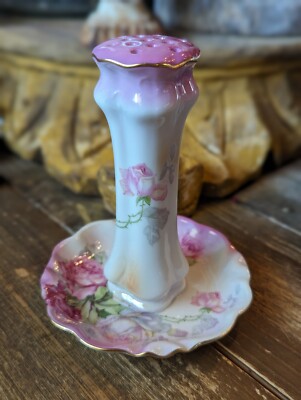 Vintage Nippon Hat Pin Ring Holder Hand Painted Delicate Soft Pink Rose Design 