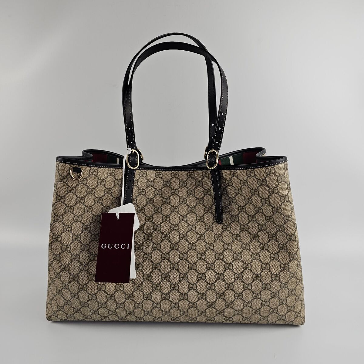 GUCCI GG Emblem Large $2490 Beige And Dark Brown GG Tote Bag GUCCI GG Emblem Large $2490 Beige And Dark Brown GG Tote Bag