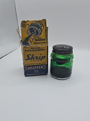 Vtg 2 oz Sheaffer Skrip emerald writing fluid ink top well bottle full with box