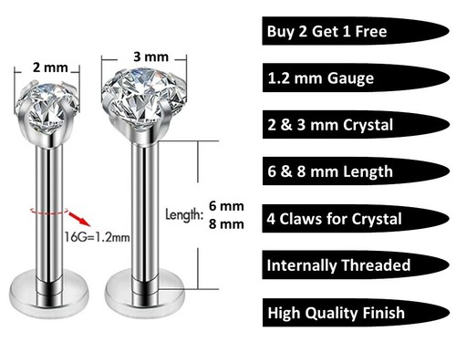 CZ Crystal Internally Threaded Piercing Septum Cartilage Earring Lip Stud - Picture 2 of 6