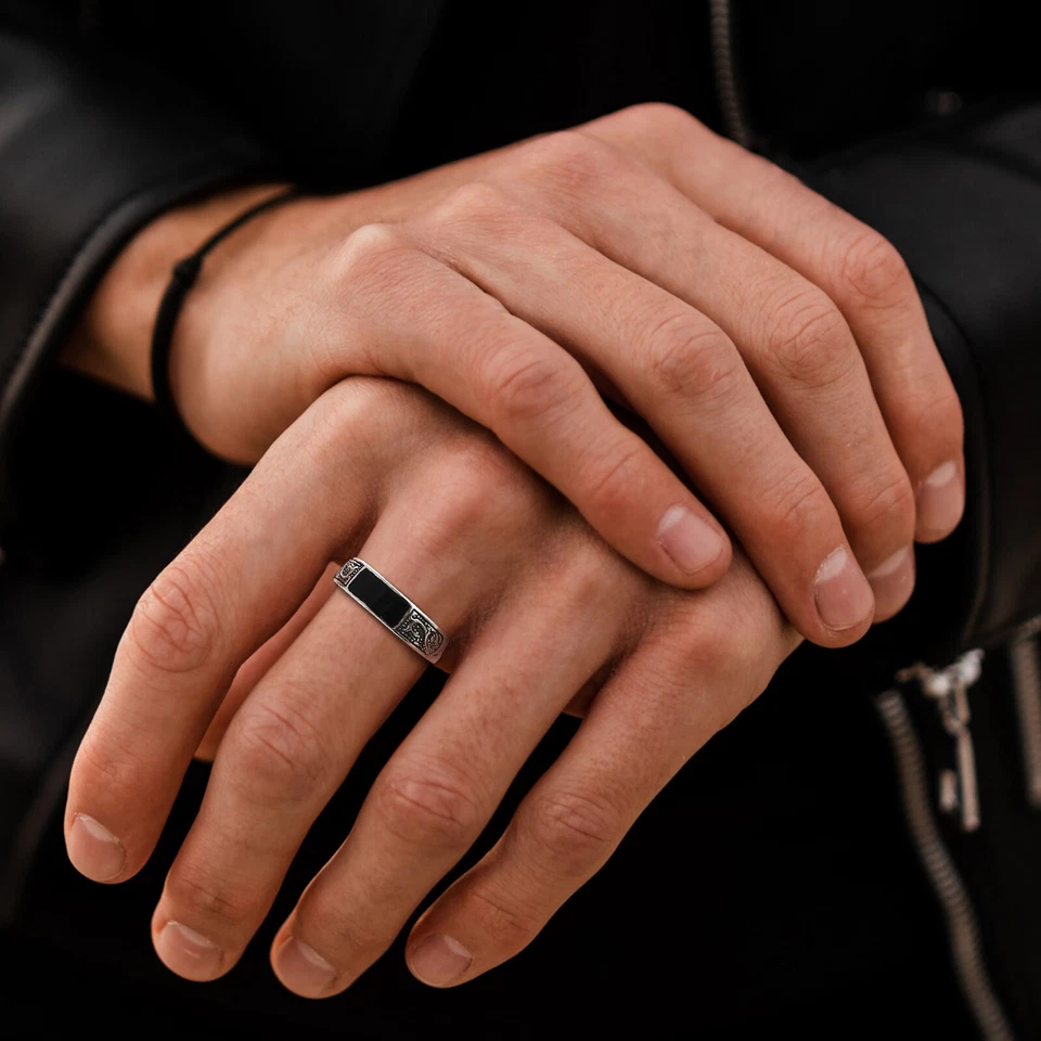 Anillos Vnox Retro Unisex Monograma Rectángulo Esmalte Negro, Anillo Apilable Nudillos Foto 3 de 4