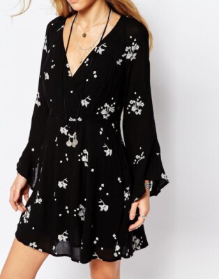 Free People - NWT Jasmine embroidered bell slv mini dress - Black/Grey -Sz 12