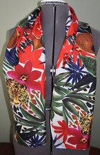 Jungle Prowling Leopard Silk Oblong Scarf Tropical Floral Palm Trees Cat 54