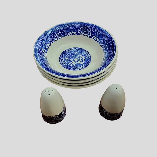 Vintage Blue Willow Soup/Cereal Bowls Set of 4 - 8" - Salt & Pepper - England - 第 1/4 張圖片
