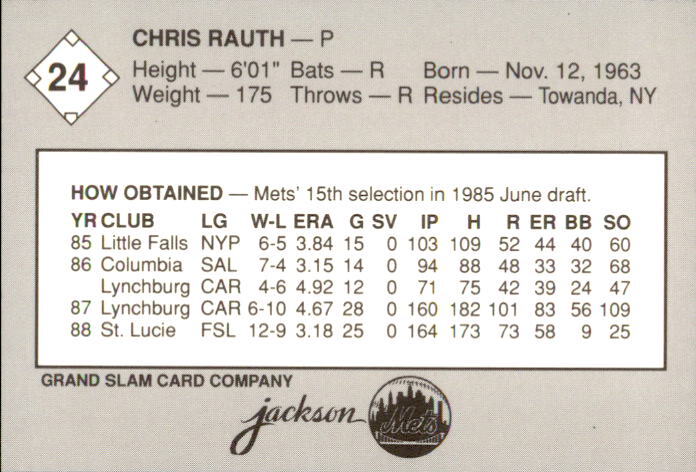 1989 Jackson Mets Grand Slam #24 Chris Rauth Tonawanda New York NY ...