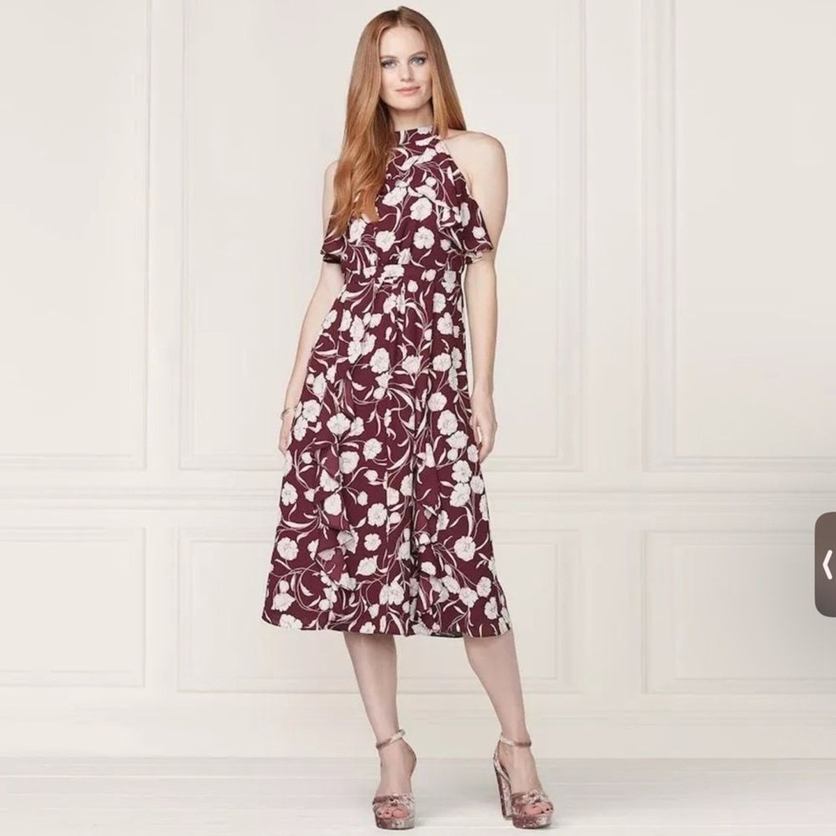 Lauren Conrad Ruffle Midi Halter Dress Floral Pleated Wine Red Midi Dress  SZ 12