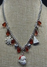 CHRISTMAS Santa  Snowflake Necklace  Earrings Set - Silver Toned w Beads NEW