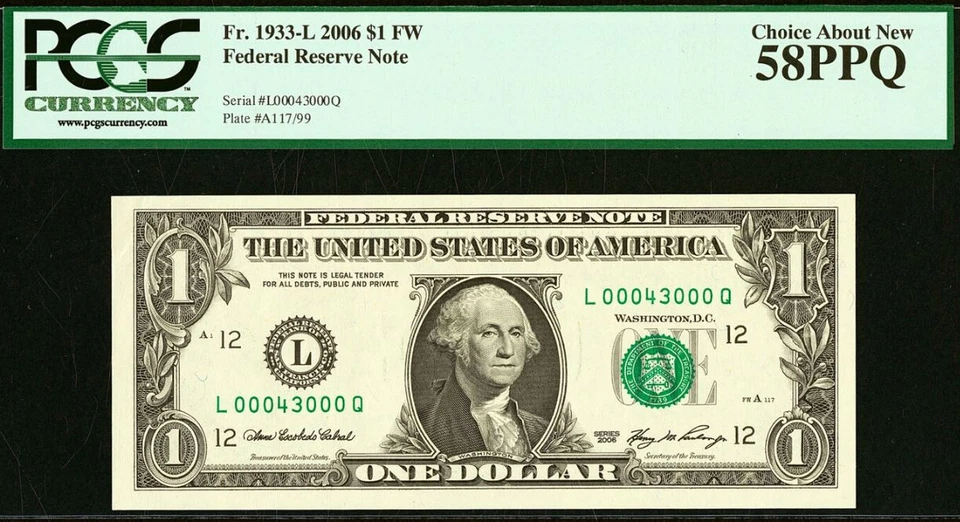 2006 $1 Federal Reserve Note PCGS 58PPQ Birthday Low Serial Number 00043000 - Image 2 of 3