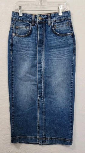 Aktueller langer geknöpfter Damenrock Elliott 26 blau Denim Schlitz am Saum The Isignia NEU