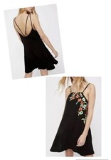 FREE PEOPLE Black Floral Embroidered Strappy Swing Mini Dress  Size XS