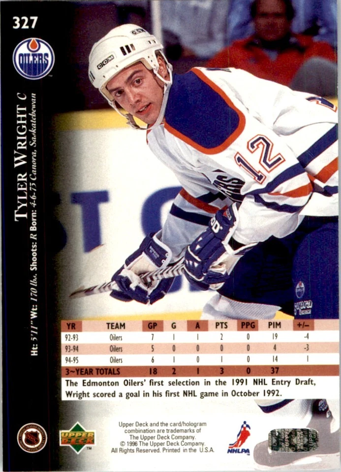 1995-96 Upper Deck Tyler Wright Edmonton Oilers #327 - Image 2 of 2