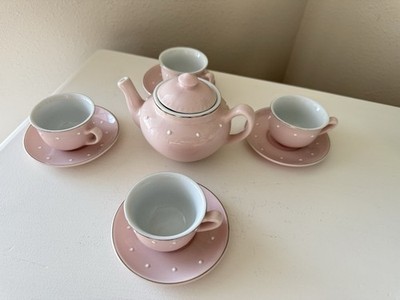 Pottery Barn Kids | Lets Play | Pink & White Polka Dot Porcelain Tea Set 10 PC