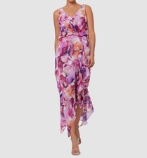X by Xscape Women Purple Chiffon Floral Ruffled V-Neck Dress Petite Size 4P