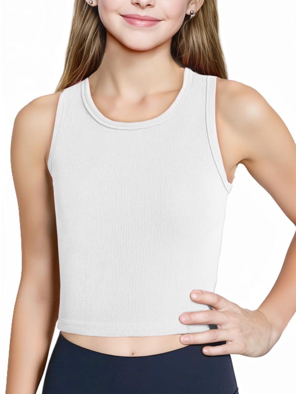 Girls Tank Tops Kids Athletic Ribbed Summer Sleeveless 11-12 Years, A-white