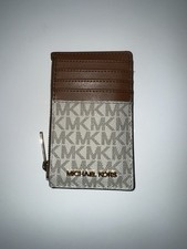 Michael Kors MK Signature Card Case Zip Wallet Vanilla/Acorn Gold Hardware