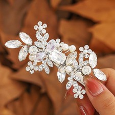 Rhinestone Flower Hair Clips Silver Leaf Wedding Pieces Glitter Pearl Bridal