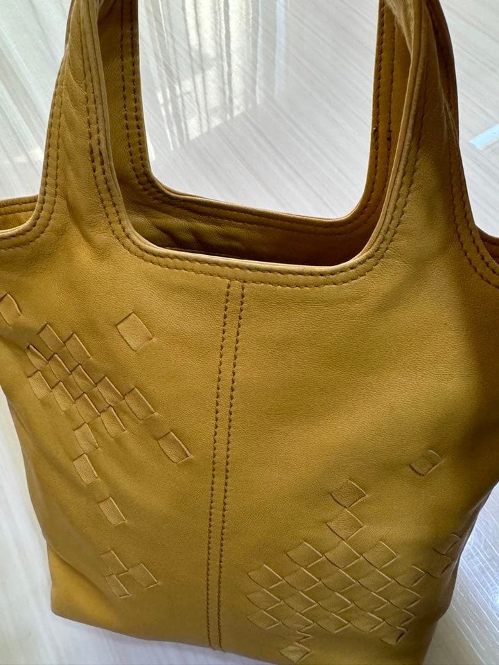 Bottega Veneta Leather Handbag Yellow Woven Short Handle Authentic Bag