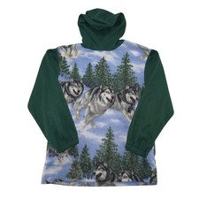 Vintage Wolf Print Green Fleece Hoodie Pullover Size 18 Youth / Small Adult
