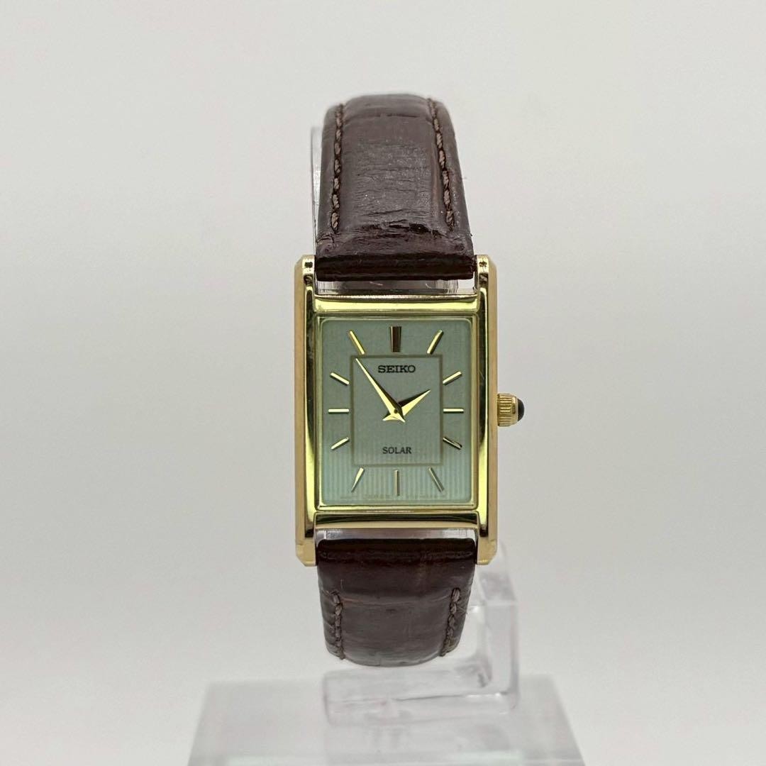 Exc+5] SEIKO SOLAR Tank V115-0BD0 Gold Roman 18mm Woman's Watch