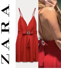 Zara Women's Red Sleeveless Mini Dress Draped Neckline, Button,