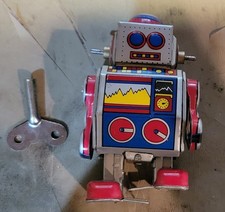 Working Vintage Wind Up Walking Robot Tin w/Key - Mechanical Toy 3" Tall