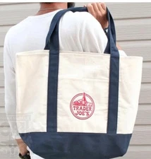 2025 Trader Joes Reusable Canvas Tote Bag Large Heavy Duty Bag Blue White