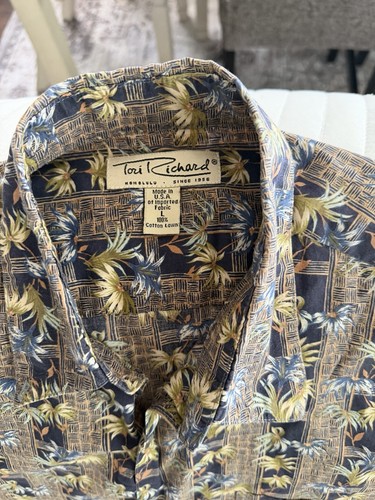 Tori Richard Honolulu Hawaiian Shirt Mens L Blue Palm Tree Tropical Aloha
