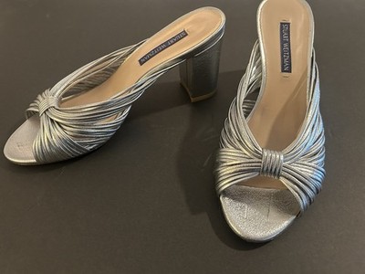 STUART WEITZMAN Metallic Silver Knotted Strap Block Heel Sandals 7.5 Sydney 75