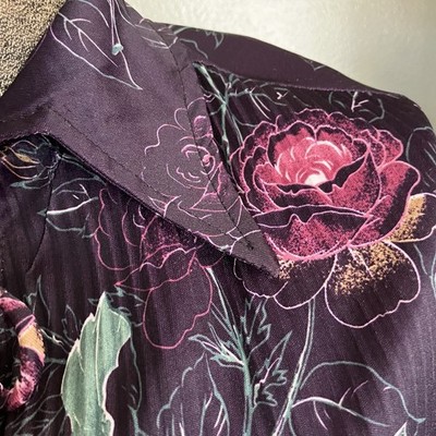 Purple Roses Pleated-front VTG 70s Nylon Top with Tie Closure Sz 16 Womens US