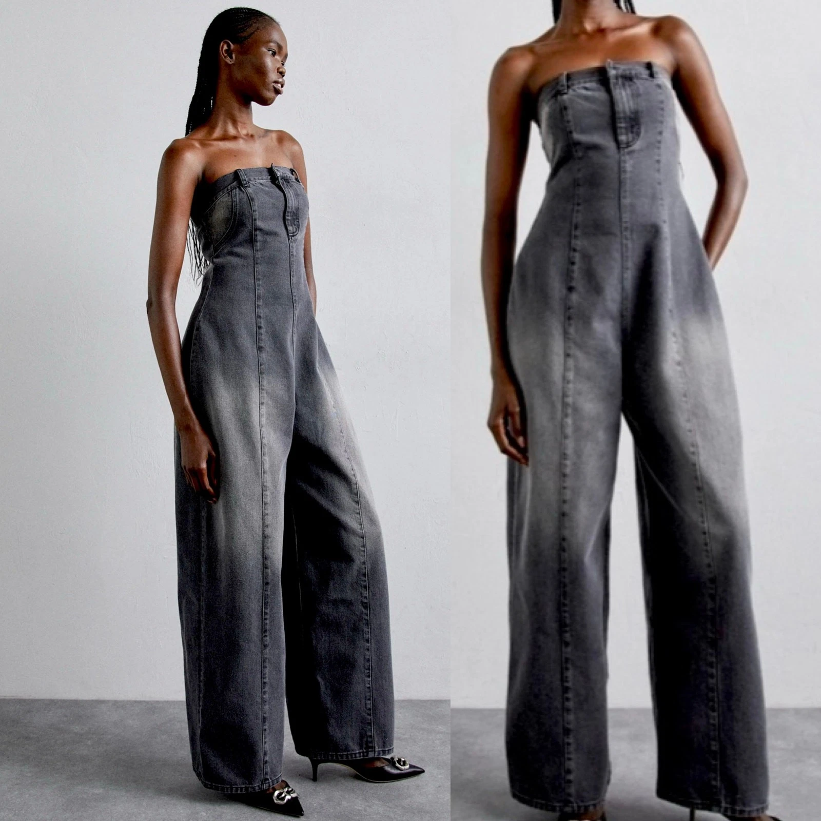 Ksenia Schnaider strapless denim jumpsuit wide-leg one-piece dark wash black
