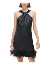 ELIZA J Womens Black Twisted Neck Feather Trim Sleeveless Short Shift Dress 4