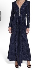 NWT Eliza J Navy Sequin Gown Long Sleeve V-Neck Crystal Trim Formal Dress 10