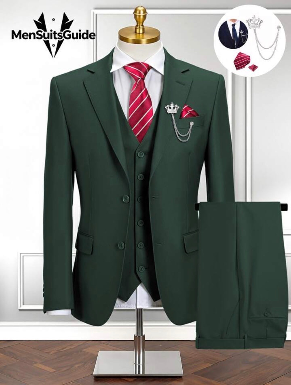 6pcs Men's Slim Fit Hunt Green Suits Tuxedos Doubles