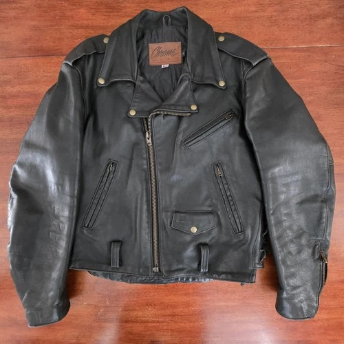 Vtg Custom Chrome Gear Large Leather Motorcycle Jacket Made In USA Talon Zippers video thumbnail