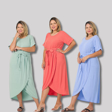 1X 2X 3X Plus Women's Round Neck Short Sleeve Tulip Hem Belted Midi Long Dress