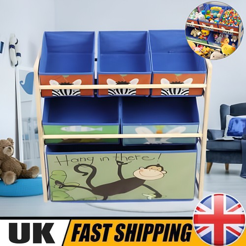 Wooden Kids Children Toy Storage Rack shelf with 6 Bags tidy Organizer Playroom