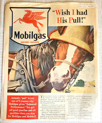 Vintage 1942 Mobilgas Draft Horse 'Wish I Had His Pull' magazine ad