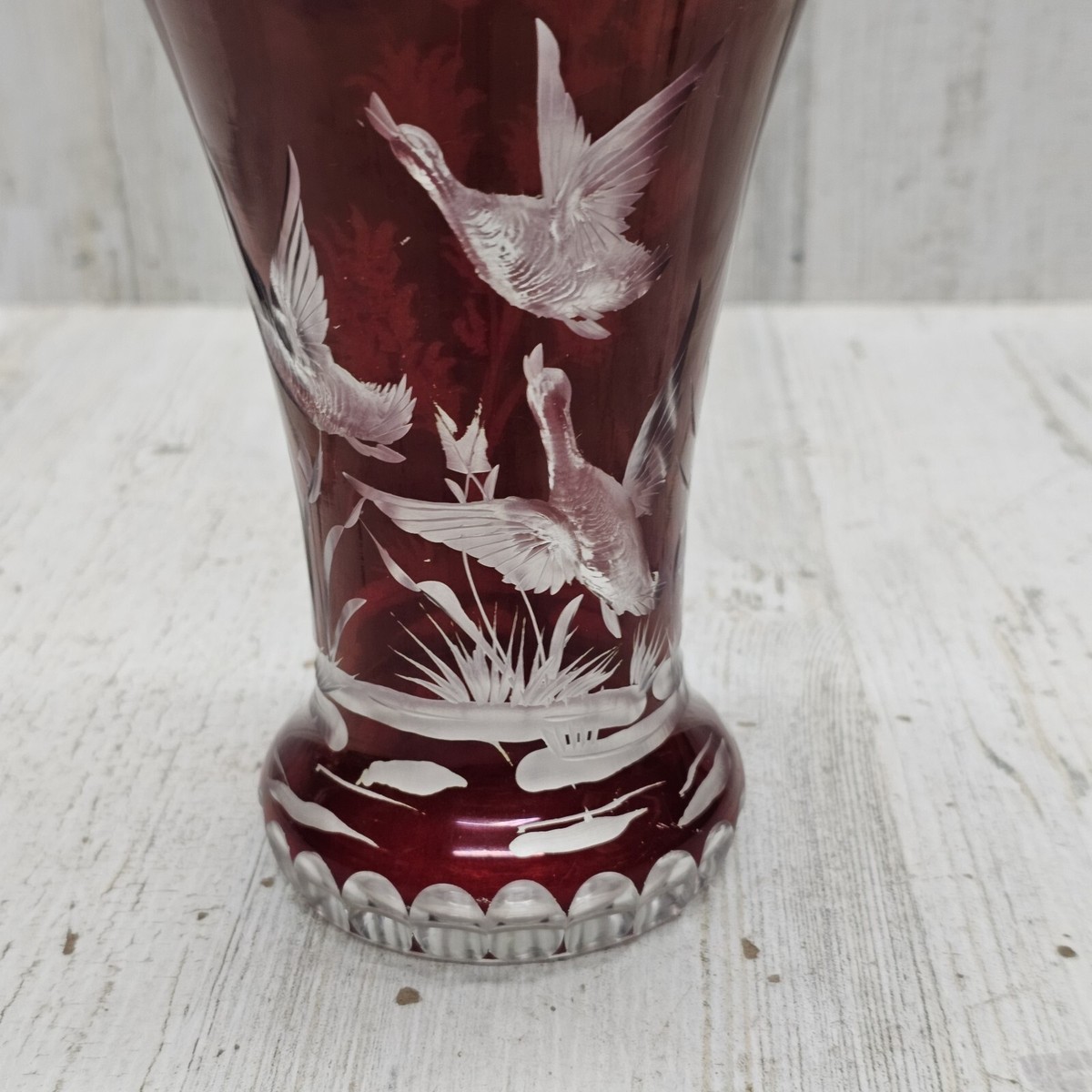 Antique Bohemian Glass Egermann Ruby Red Engraved Vase Stag Geese