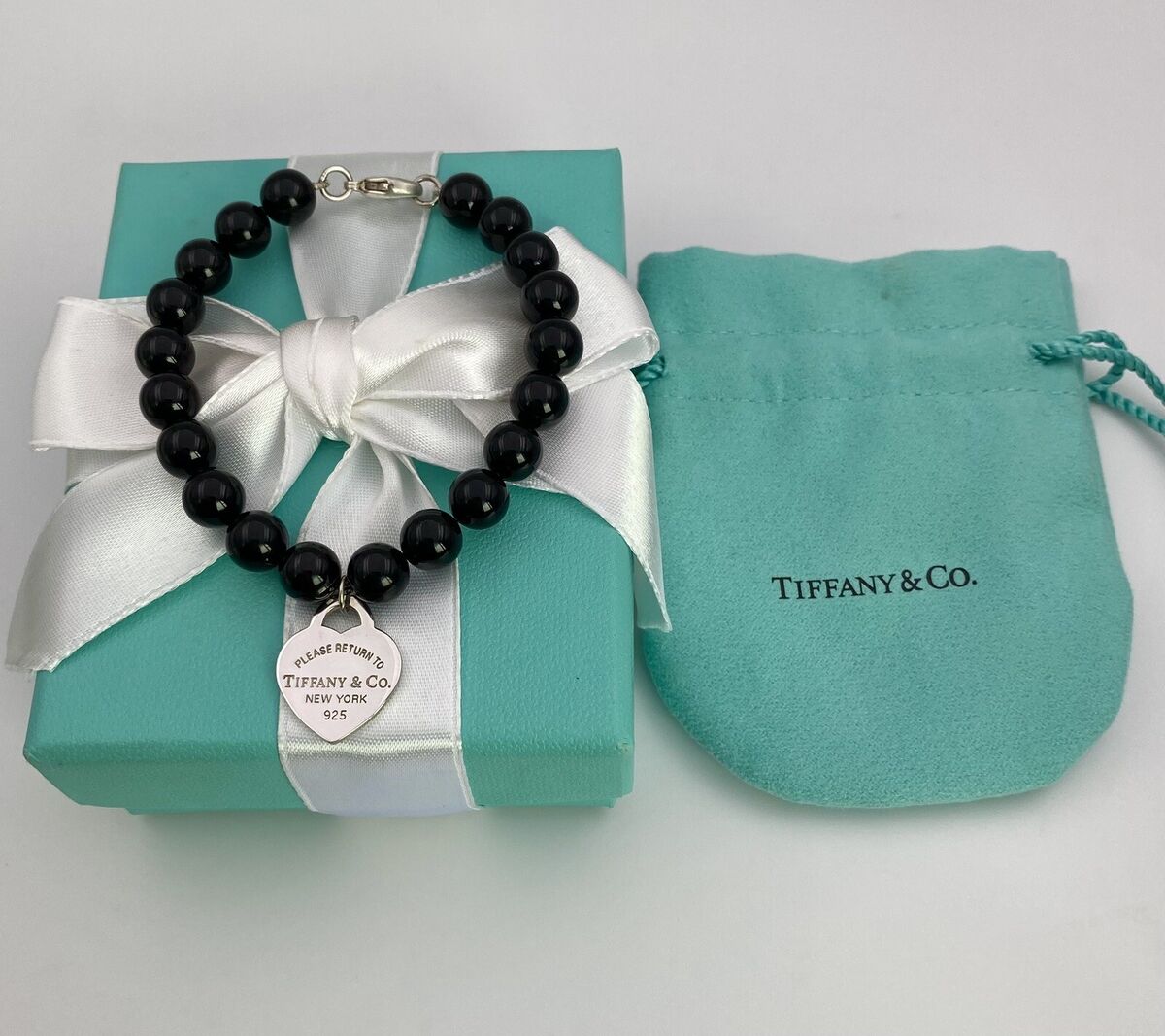 Tiffany & Co Silver Small Heart Tag Black Onyx Bead Bracelet Tiffany & Co Silver Small Heart Tag Black Onyx Bead Bracelet