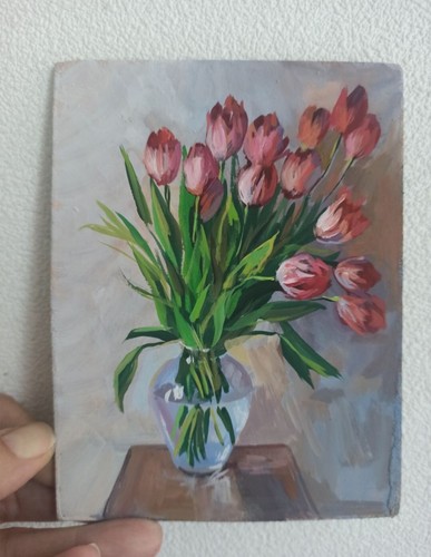 ORIGINAL Realism Painting Bouquet of Tulips Flowers Art 5.90''/4.33'' - 第 2/11 張圖片