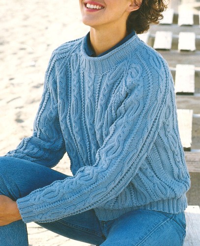 Ladies Aran Wool Cable Raglan Sweater 