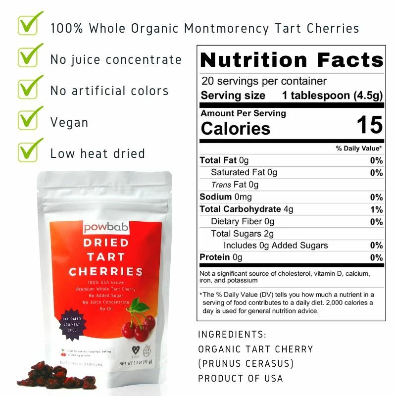powbab Dried Tart Cherries - 100% USA Montmorency Organic, Unsweetened (3.2 oz) - Image 4 of 4